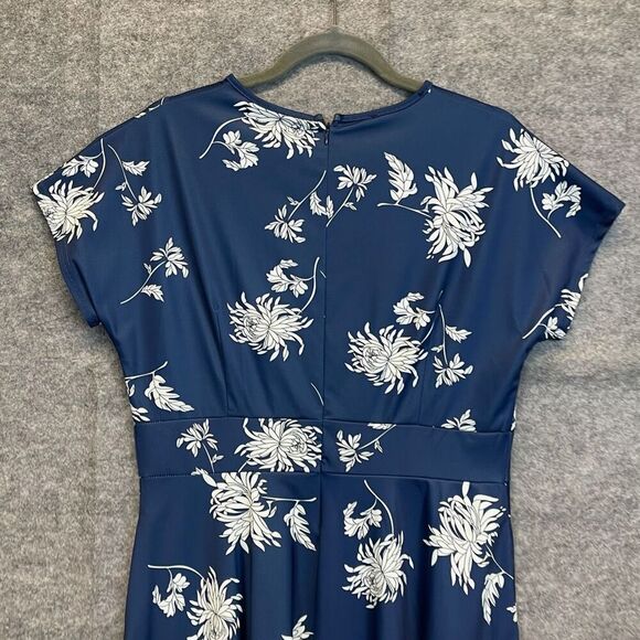 HOMEYEE Dress Size 2XL Blue White Floral Round Neck Midi A-Line Pleated Swing - Picture 8 of 16